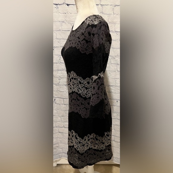 Isaac Mizrahi Live! Striped Lace Bell Sleeve Dress Black And Gray XXS - Picture 3 of 5
